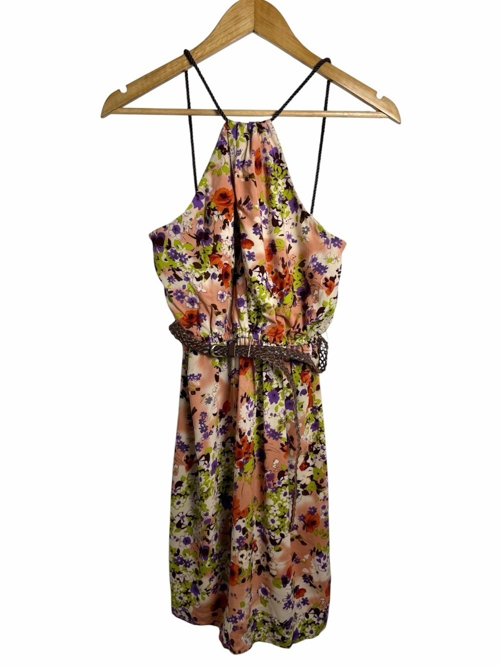 Kismet Aubrey NWT Floral Halter Dress Small Boho Braided Belt Rope Straps
